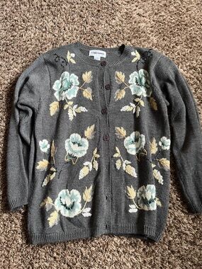 Alfred Dunner Gray Cardigan with Mint and Cream Floral Motif